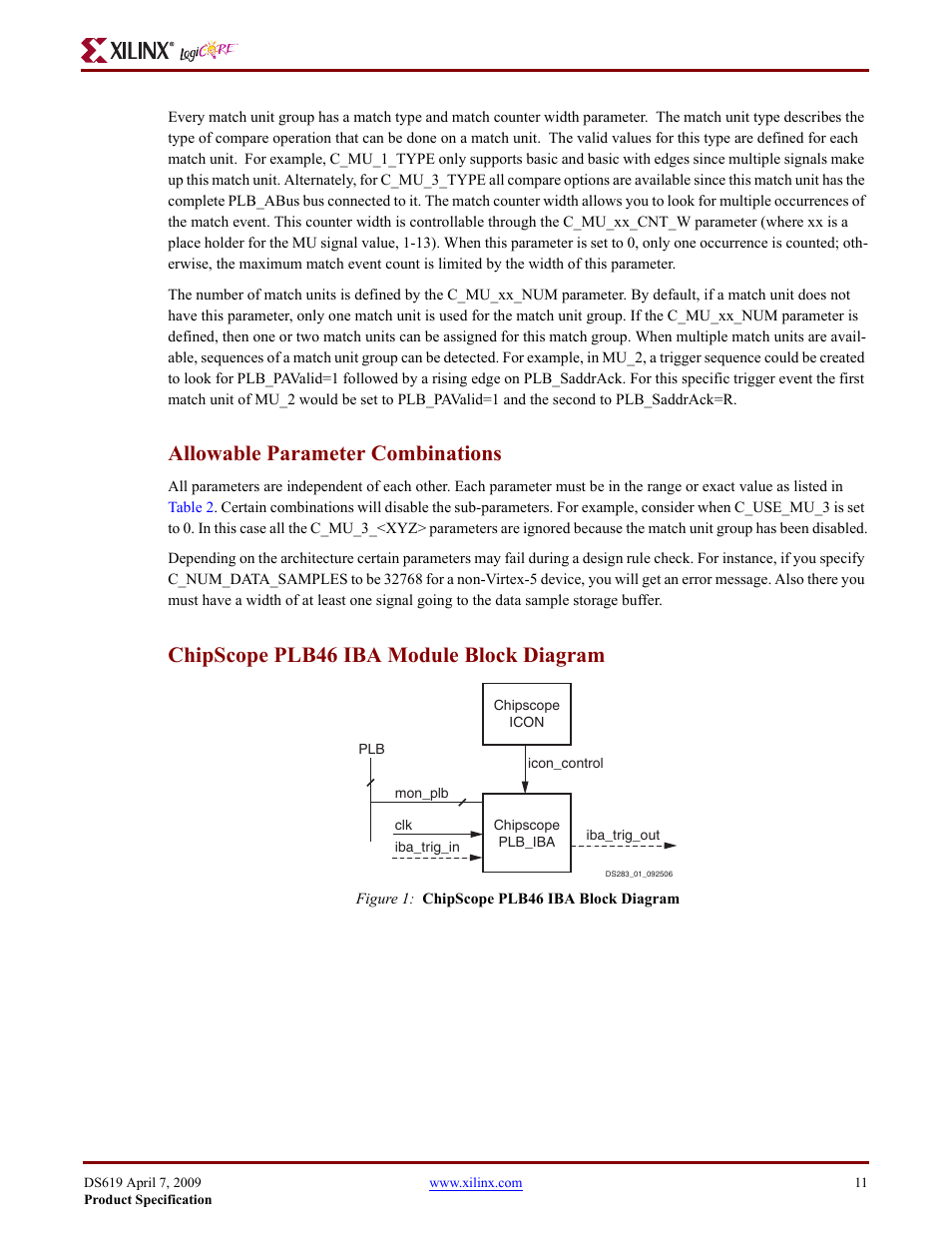 Allowable parameter combinations, Chipscope plb46 iba module block diagram | Xilinx ChipScope PLB46 IBA v1.00a User Manual | Page 11 / 13
