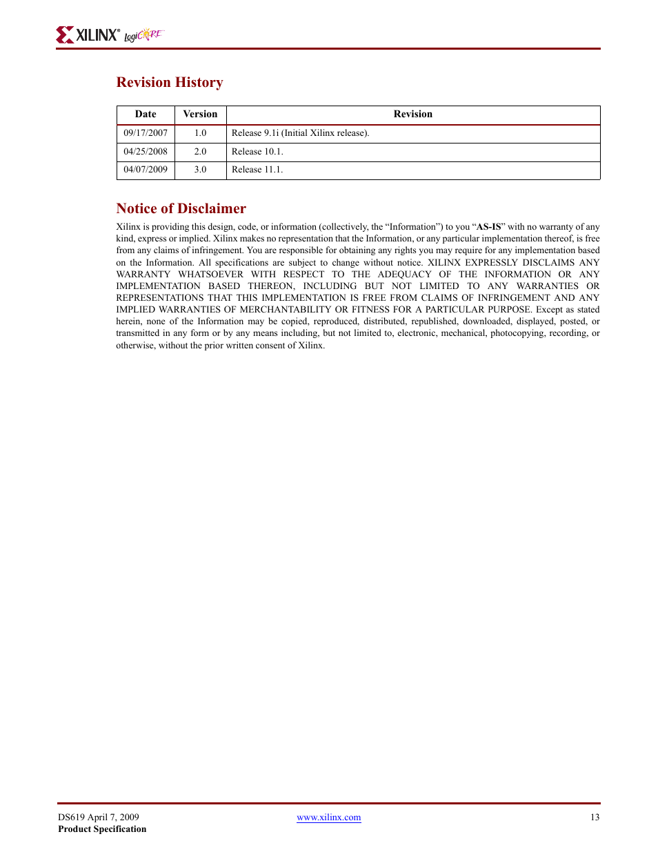 Revision history, Notice of disclaimer, Revision history notice of disclaimer | Xilinx ChipScope PLB46 IBA v1.00a User Manual | Page 13 / 13