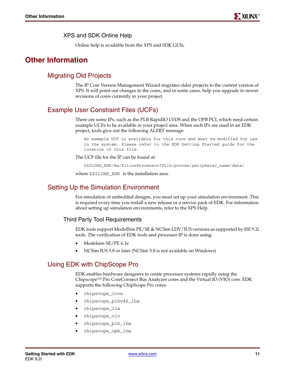 Other information, Migrating old projects, Example user constraint files (ucfs) | Setting up the simulation environment, Using edk with chipscope pro, Xps and sdk online help, Third party tool requirements | Xilinx EDK 9.2I User Manual | Page 11 / 12