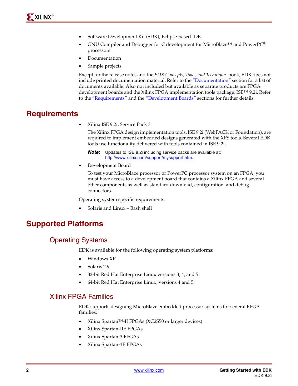 Requirements, Supported platforms, Operating systems | Xilinx fpga families | Xilinx EDK 9.2I User Manual | Page 2 / 12