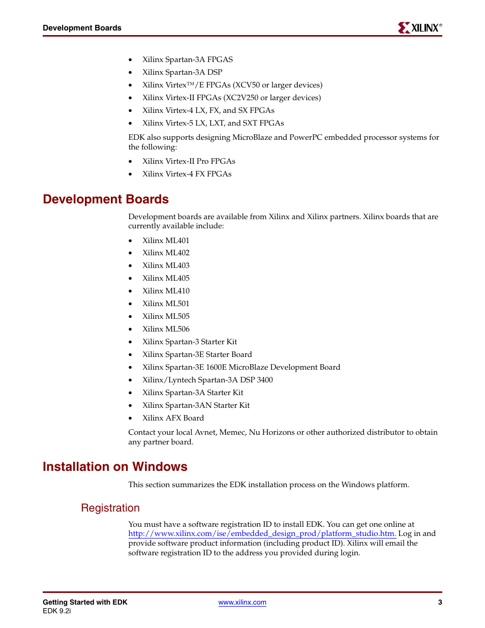 Development boards, Installation on windows, Registration | Xilinx EDK 9.2I User Manual | Page 3 / 12