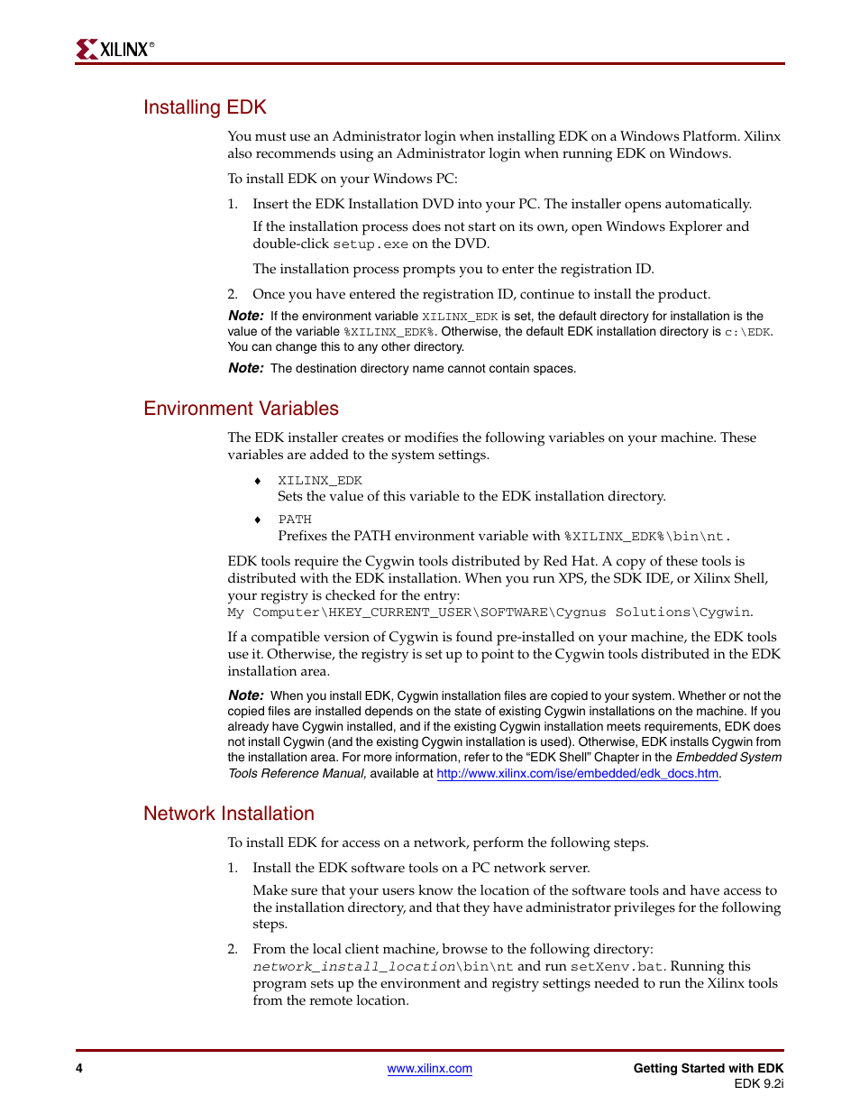 Installing edk, Environment variables, Network installation | Xilinx EDK 9.2I User Manual | Page 4 / 12