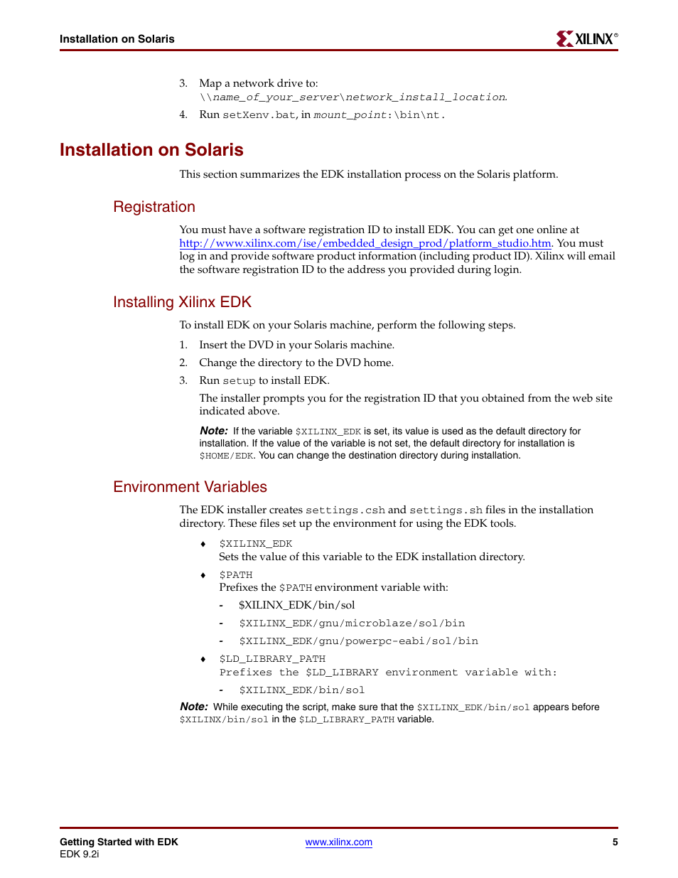 Installation on solaris, Registration, Installing xilinx edk | Environment variables | Xilinx EDK 9.2I User Manual | Page 5 / 12