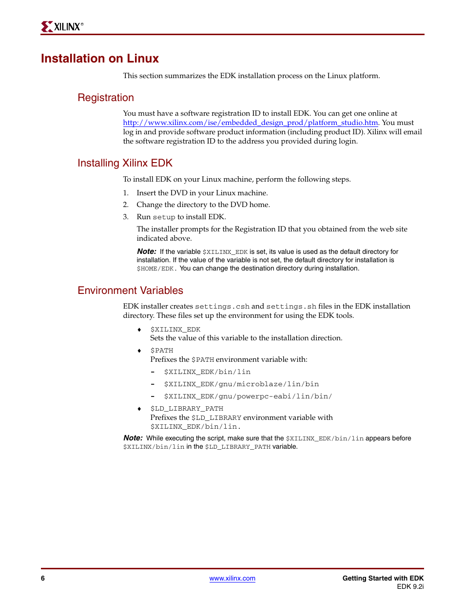 Installation on linux, Registration, Installing xilinx edk | Environment variables | Xilinx EDK 9.2I User Manual | Page 6 / 12