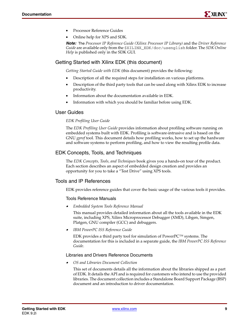 Getting started with xilinx edk (this document), User guides, Edk concepts, tools, and techniques | Tools and ip references | Xilinx EDK 9.2I User Manual | Page 9 / 12