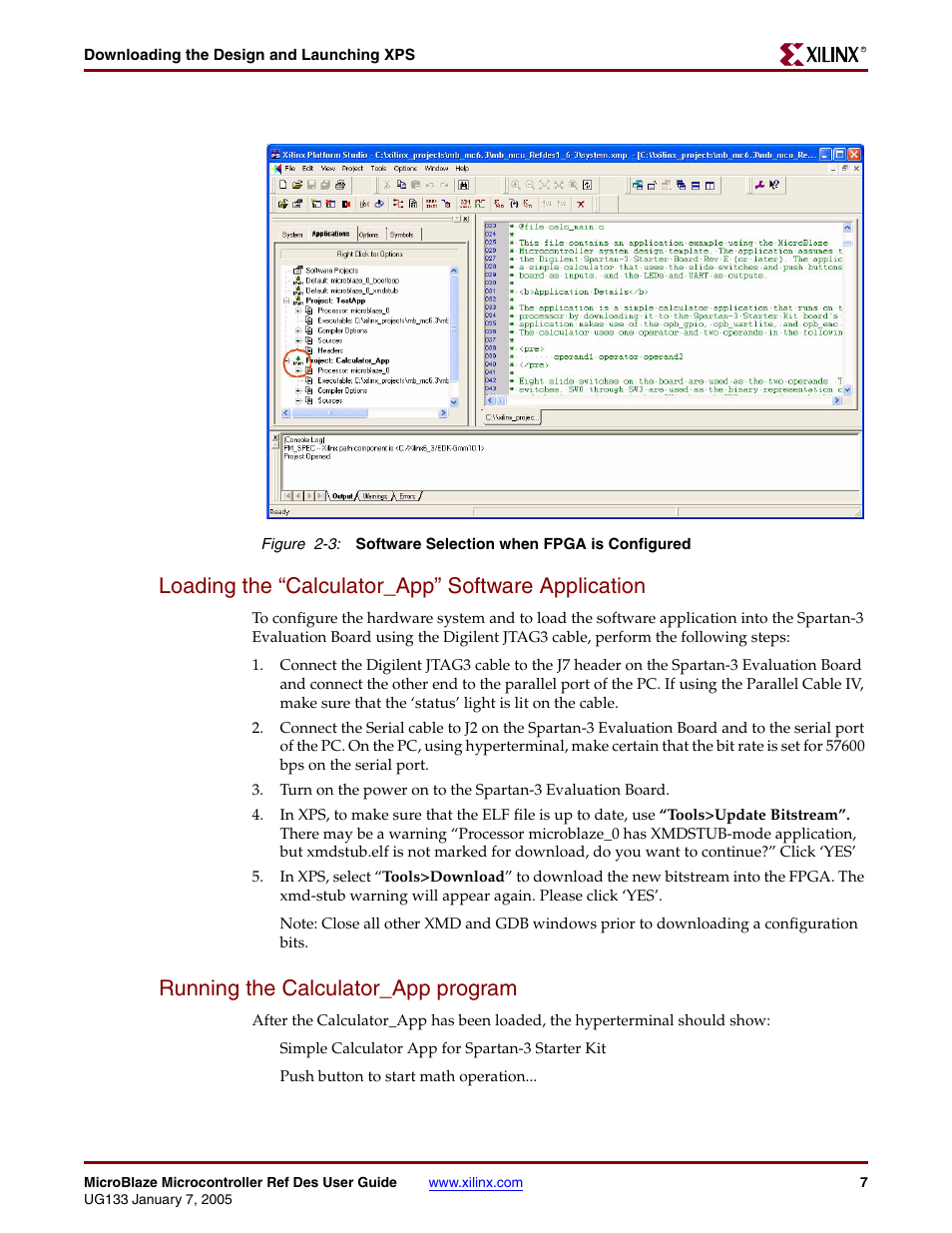 Loading the “calculator_app” software application, Running the calculator_app program | Xilinx UG133 User Manual | Page 14 / 18