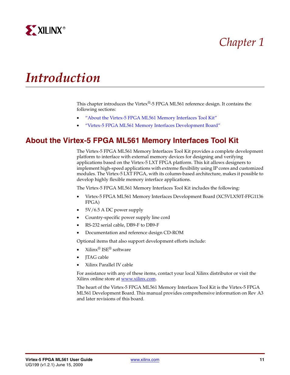 Introduction, Chapter 1: introduction, Chapter 1, “introduction | Chapter 1 | Xilinx Virtex-5 FPGA ML561 User Manual | Page 11 / 140