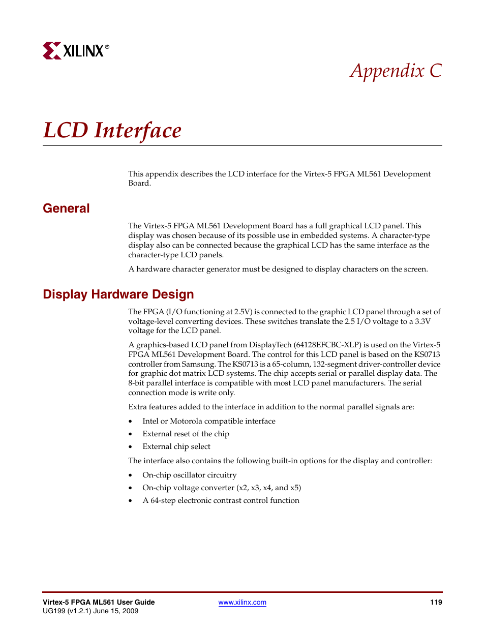 Lcd interface, General, Display hardware design | Appendix c: lcd interface, Appendix c, “lcd interface, Information, Appendix c | Xilinx Virtex-5 FPGA ML561 User Manual | Page 119 / 140