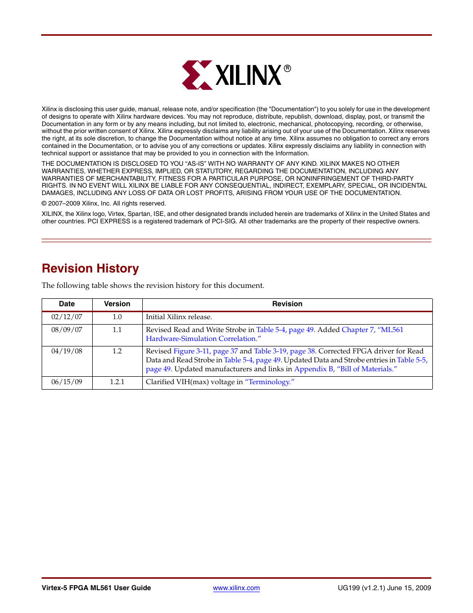 Revision history | Xilinx Virtex-5 FPGA ML561 User Manual | Page 2 / 140