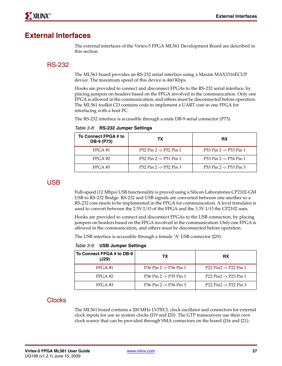 External interfaces, Rs-232, Clocks | Rs-232 usb clocks | Xilinx Virtex-5 FPGA ML561 User Manual | Page 27 / 140
