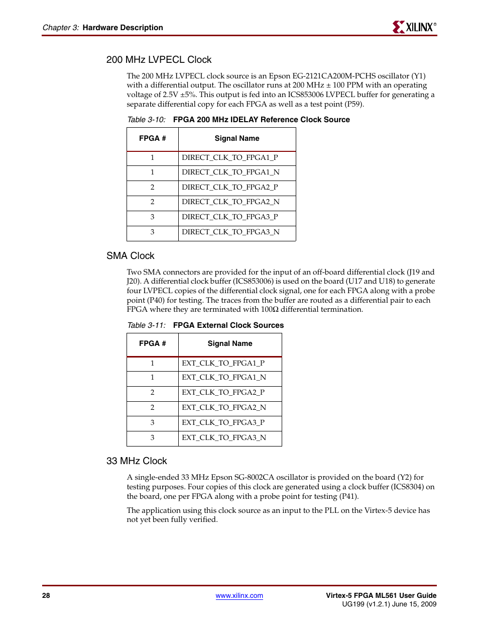 200 mhz lvpecl clock, Sma clock, 33 mhz clock | Xilinx Virtex-5 FPGA ML561 User Manual | Page 28 / 140