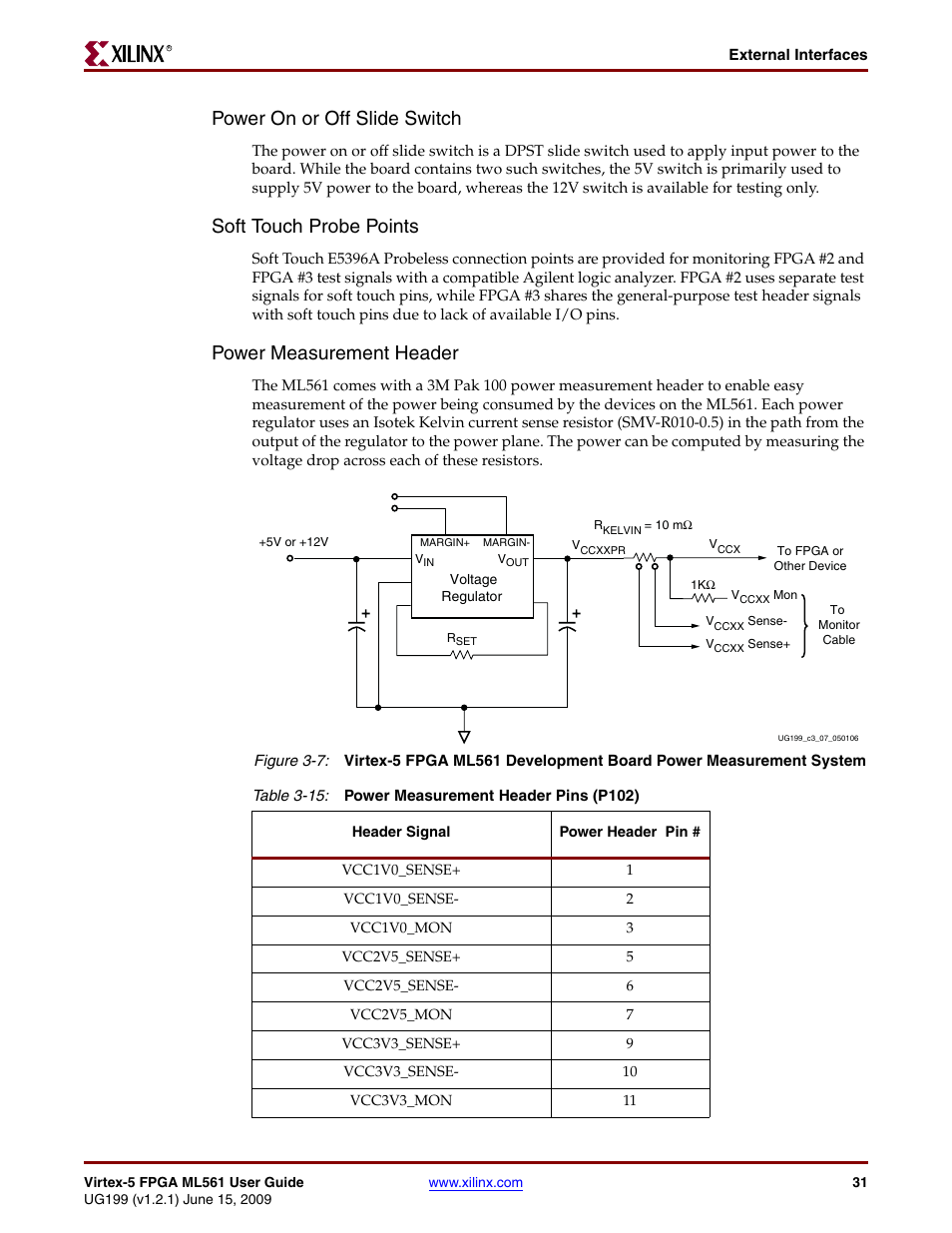Power on or off slide switch, Soft touch probe points, Power measurement header | Xilinx Virtex-5 FPGA ML561 User Manual | Page 31 / 140