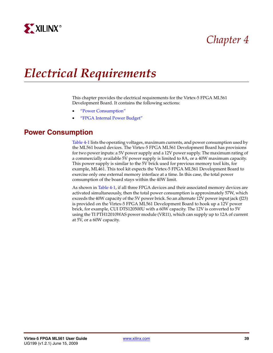 Electrical requirements, Power consumption, Chapter 4: electrical requirements | Chapter 4, “electrical requirements, Chapter 4 | Xilinx Virtex-5 FPGA ML561 User Manual | Page 39 / 140
