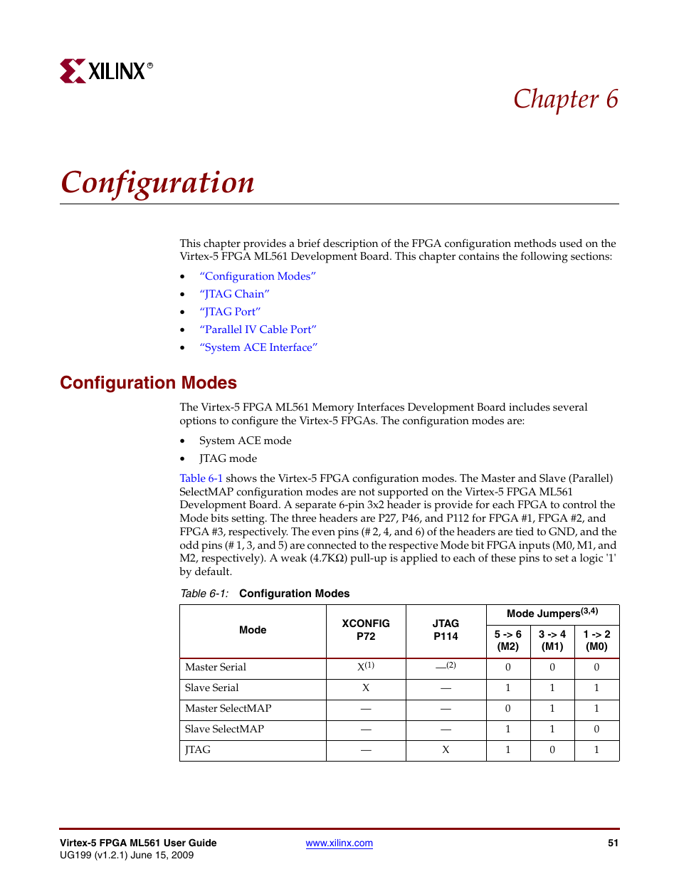 Configuration, Configuration modes, Chapter 6: configuration | Chapter 6, “configuration, Chapter 6 | Xilinx Virtex-5 FPGA ML561 User Manual | Page 51 / 140