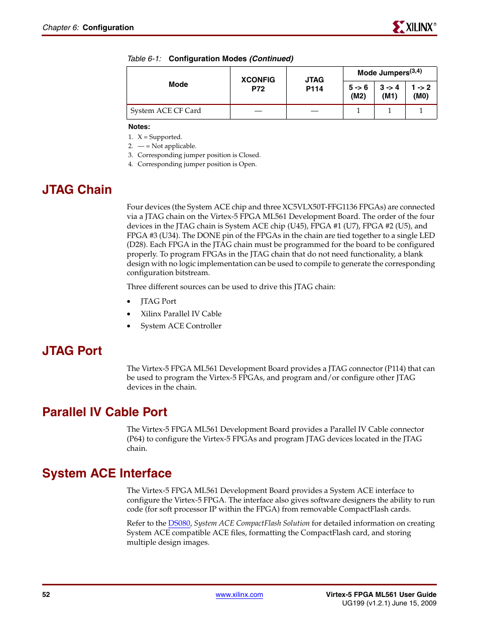 Jtag chain, Jtag port, Parallel iv cable port | System ace interface, Jtag | Xilinx Virtex-5 FPGA ML561 User Manual | Page 52 / 140