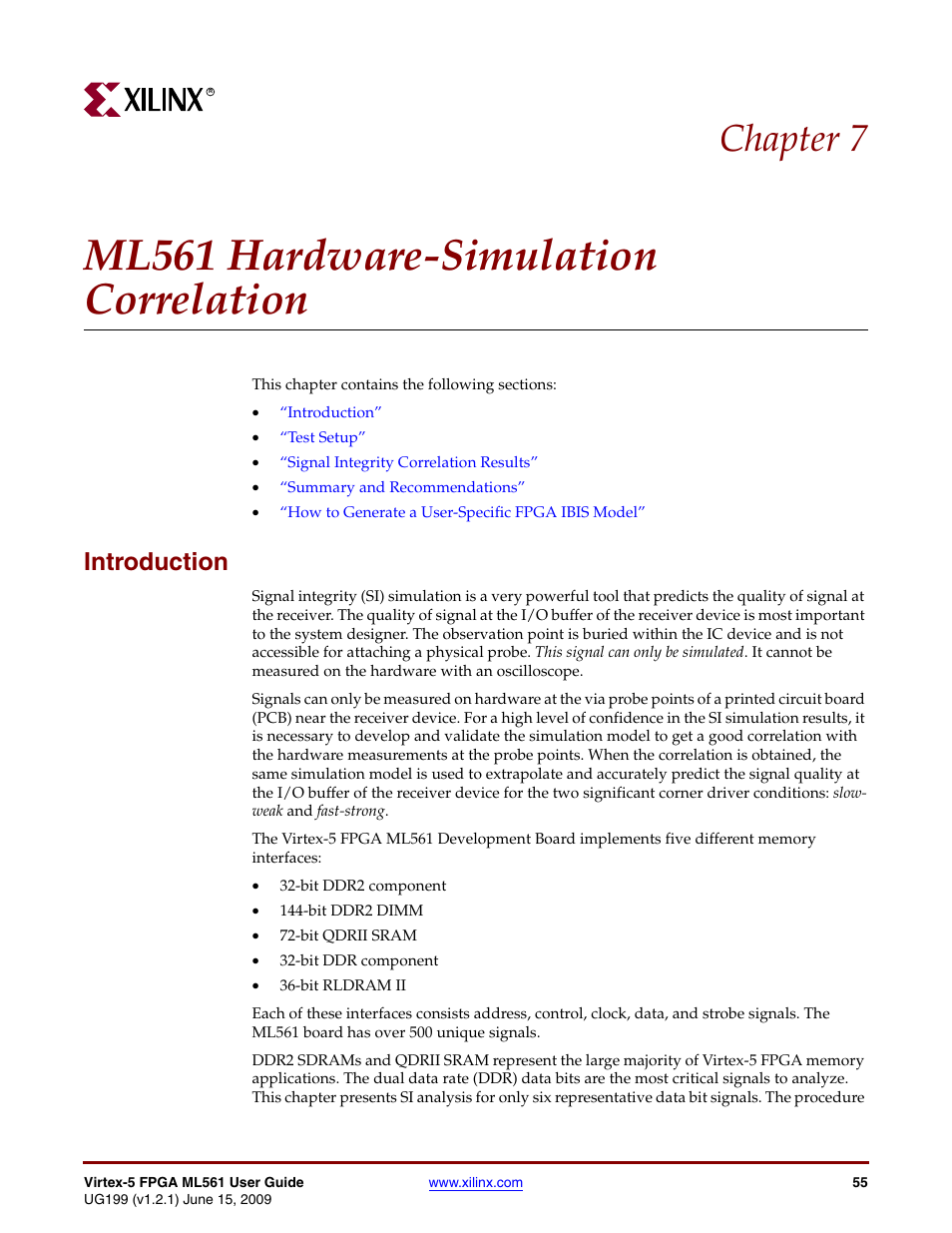 Ml561 hardware-simulation correlation, Introduction, Chapter 7, “ml561 | Hardware-simulation correlation, Chapter 7: ml561 hardware-simulation correlation, Chapter 7, “ml561 hardware-simulation correlation, Chapter 7 | Xilinx Virtex-5 FPGA ML561 User Manual | Page 55 / 140