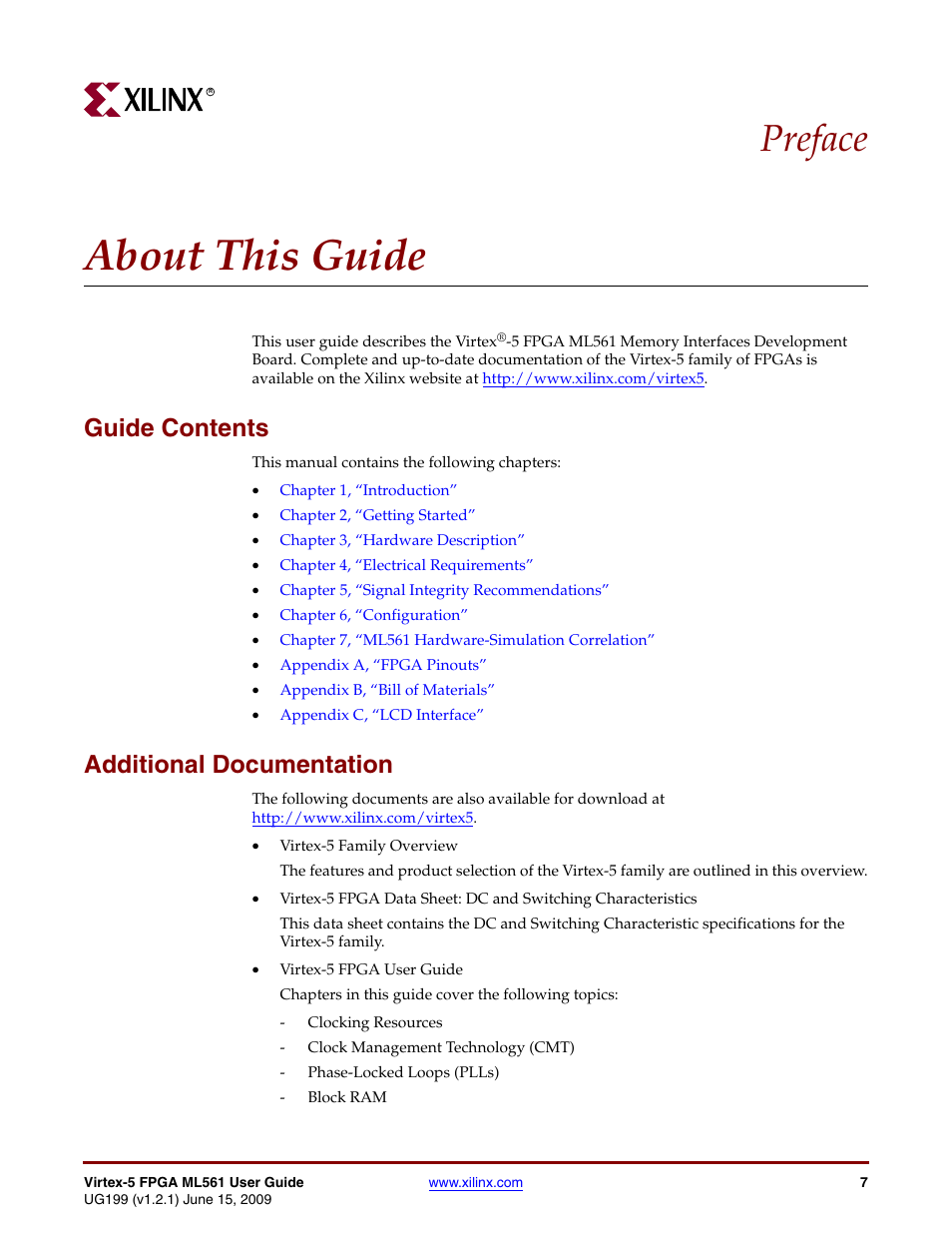 About this guide, Guide contents, Additional documentation | Preface: about this guide, Preface | Xilinx Virtex-5 FPGA ML561 User Manual | Page 7 / 140