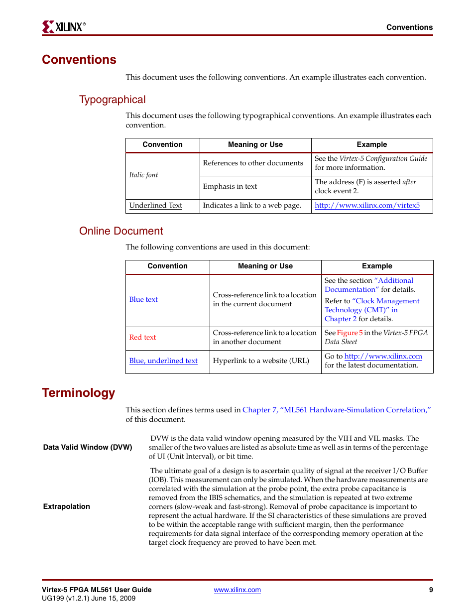 Conventions, Typographical, Online document | Terminology, H(max) voltage in, Typographical online document | Xilinx Virtex-5 FPGA ML561 User Manual | Page 9 / 140