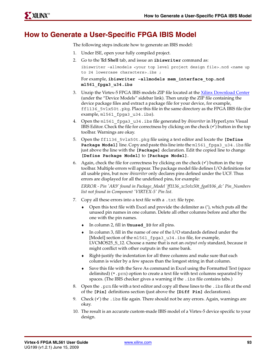 How to generate a user-specific fpga ibis model, How to generate a | Xilinx Virtex-5 FPGA ML561 User Manual | Page 93 / 140