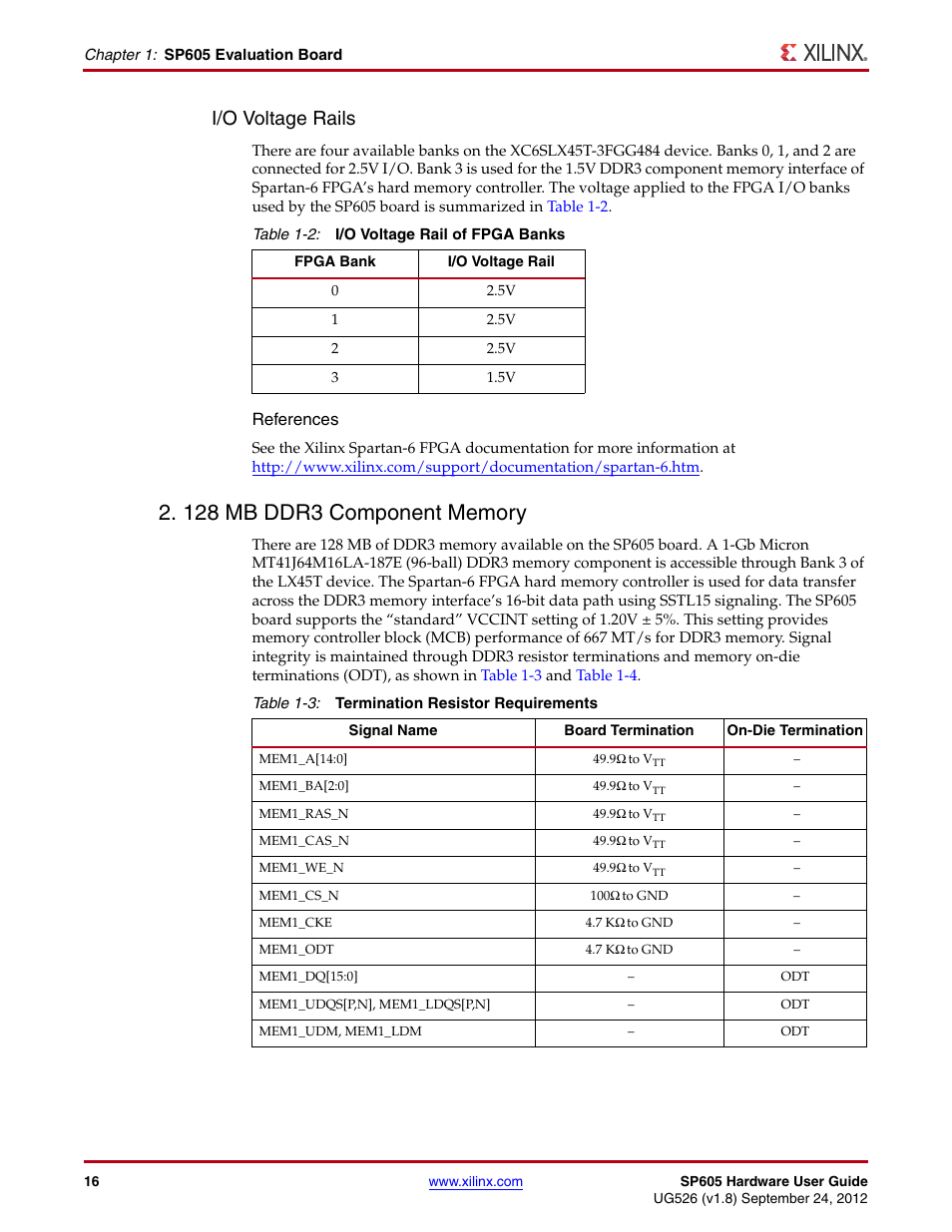 128 mb ddr3 component memory, I/o voltage rails | Xilinx SP605 User Manual | Page 16 / 74