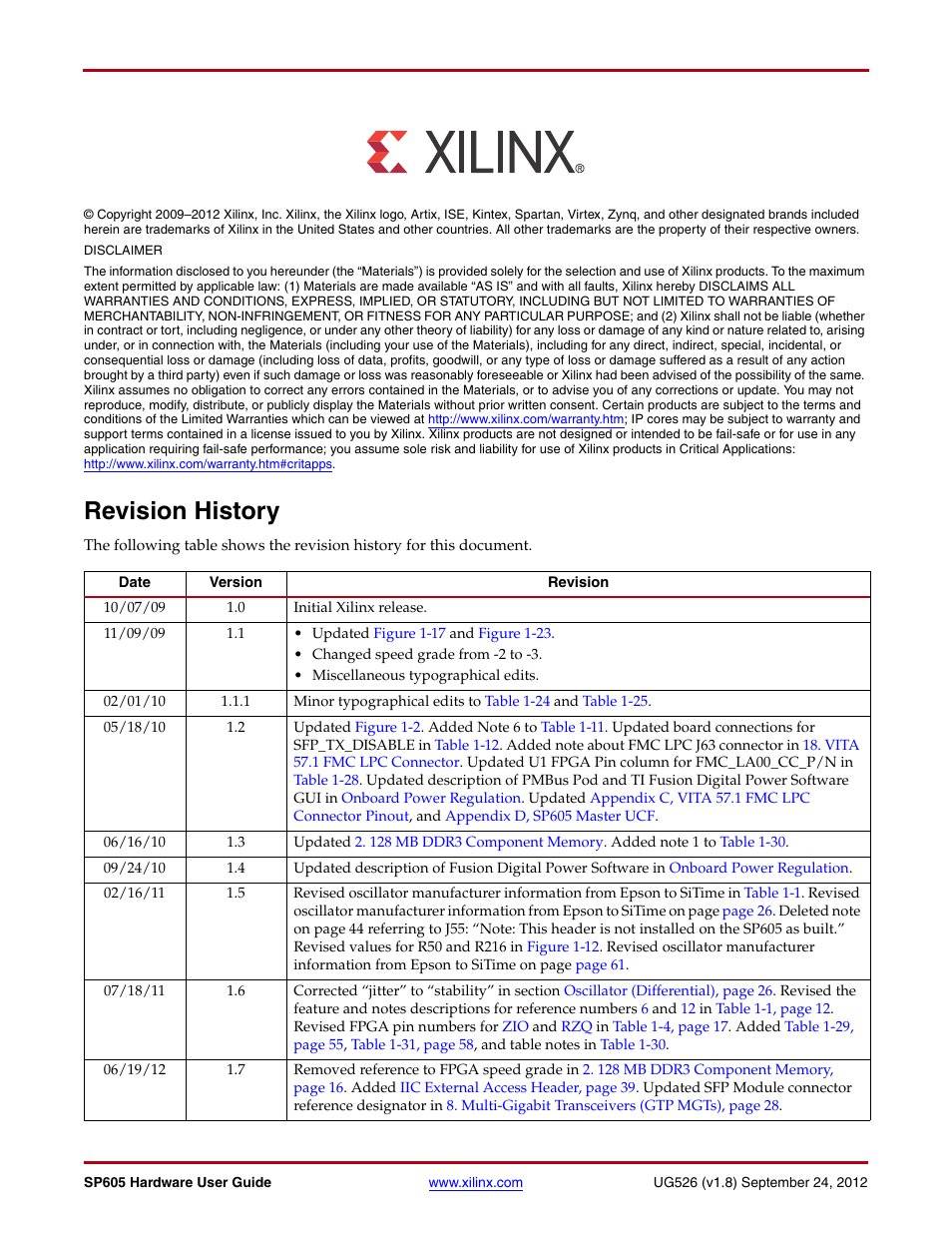 Revision history | Xilinx SP605 User Manual | Page 2 / 74
