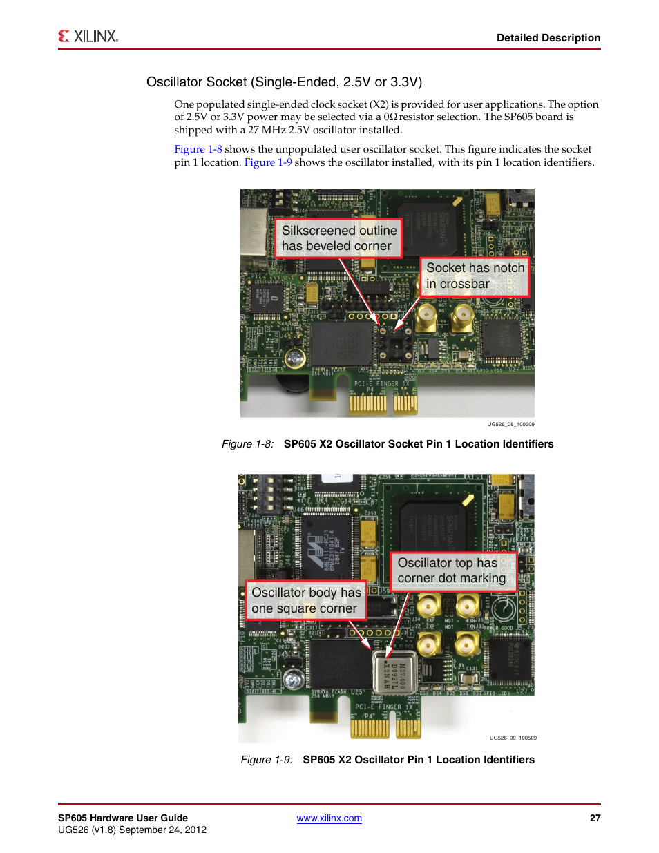 Oscillator socket (single-ended, 2.5v or 3.3v), Silkscreened outline has beveled corner, Oscillator body has one square corner | Xilinx SP605 User Manual | Page 27 / 74