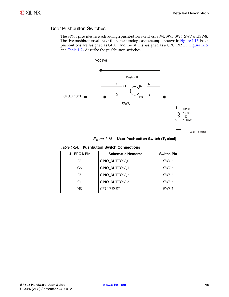 Table 1-24, User pushbutton switches | Xilinx SP605 User Manual | Page 45 / 74