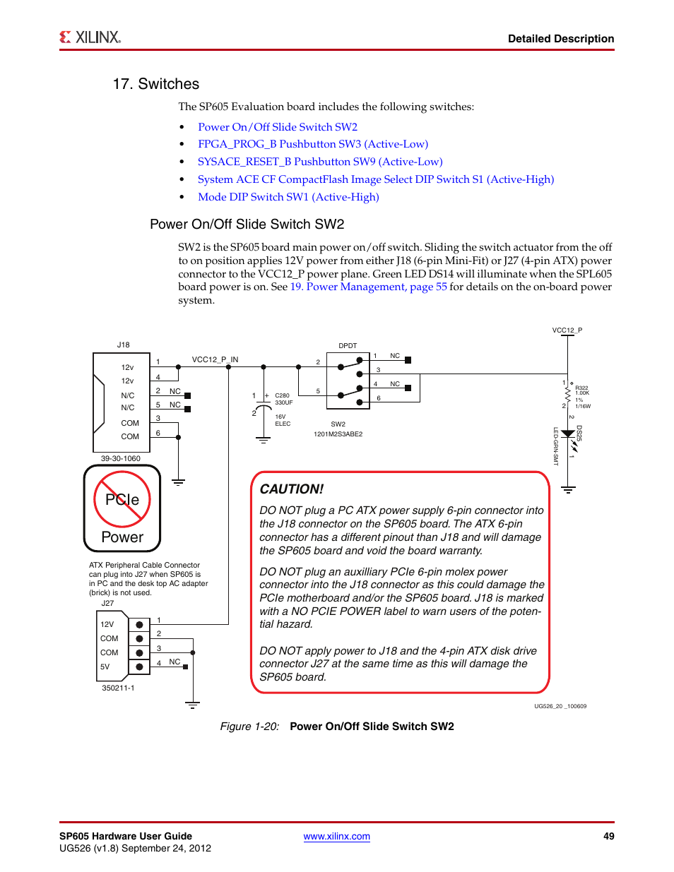 Switches, Power on/off slide switch sw2, Pcie power | Caution, Detailed description, Figure 1-20: power on/off slide switch sw2 | Xilinx SP605 User Manual | Page 49 / 74