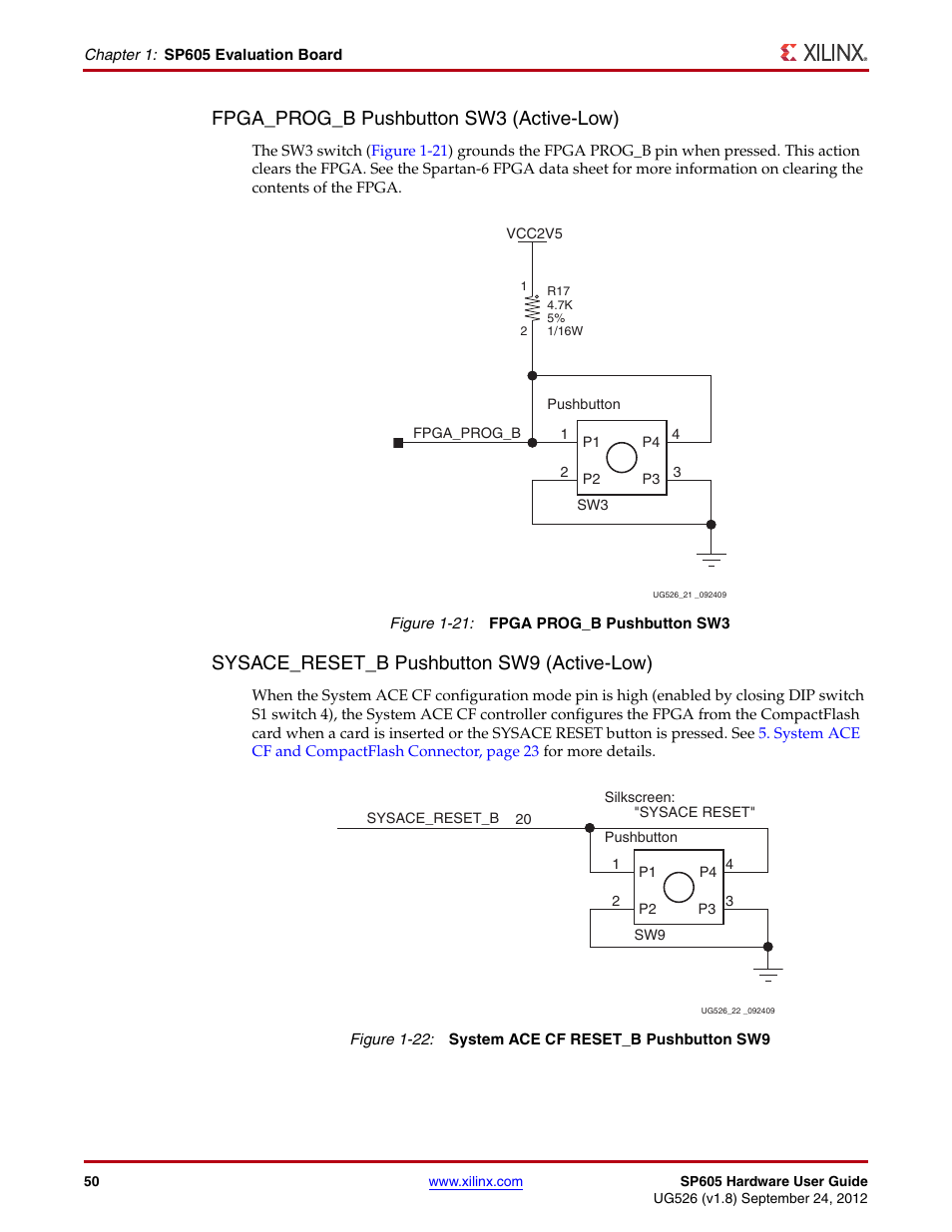 Fpga_prog_b pushbutton sw3 (active-low), Sysace_reset_b pushbutton sw9 (active-low) | Xilinx SP605 User Manual | Page 50 / 74