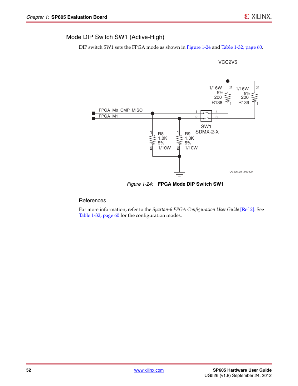 Mode dip switch sw1 (active-high) | Xilinx SP605 User Manual | Page 52 / 74