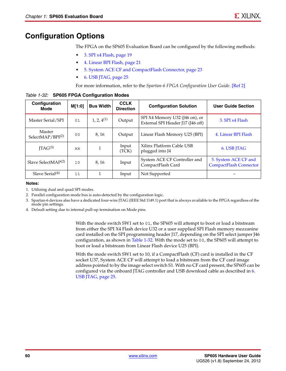 Configuration options, Table 1-32 | Xilinx SP605 User Manual | Page 60 / 74