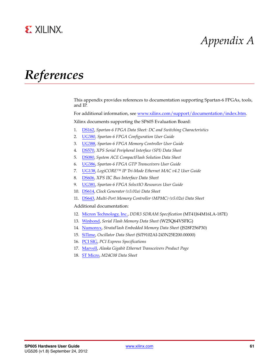 References, Appendix a: references, Appendix a, references | Ref 1, Ref 13, Ref 4, Ref 14, Ref 2, Ref 5, Ref 15 | Xilinx SP605 User Manual | Page 61 / 74