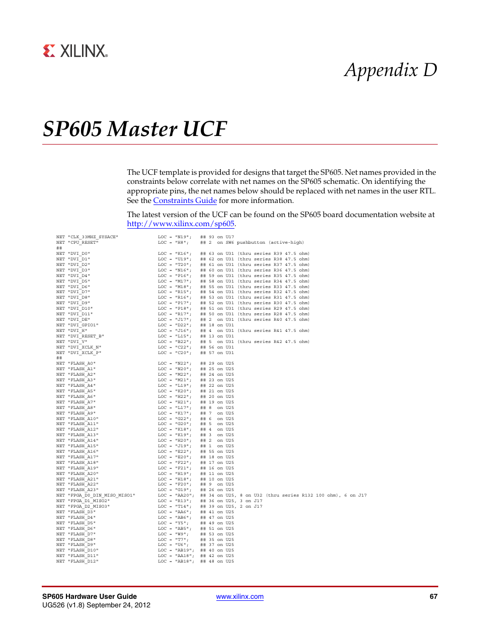 Sp605 master ucf, Appendix d, sp605 master ucf, Appendix d: sp605 master ucf | Appendix d | Xilinx SP605 User Manual | Page 67 / 74