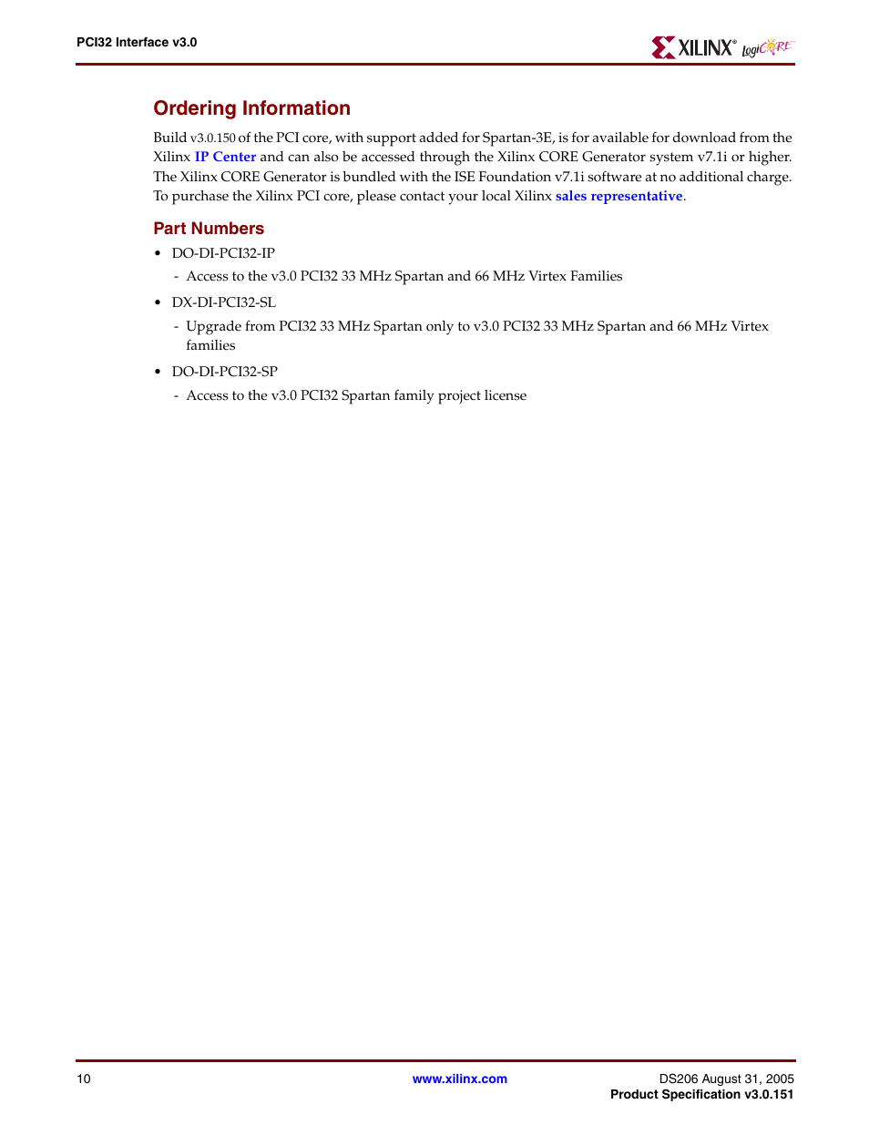 Ordering information, Part numbers | Xilinx PCI32 User Manual | Page 10 / 11