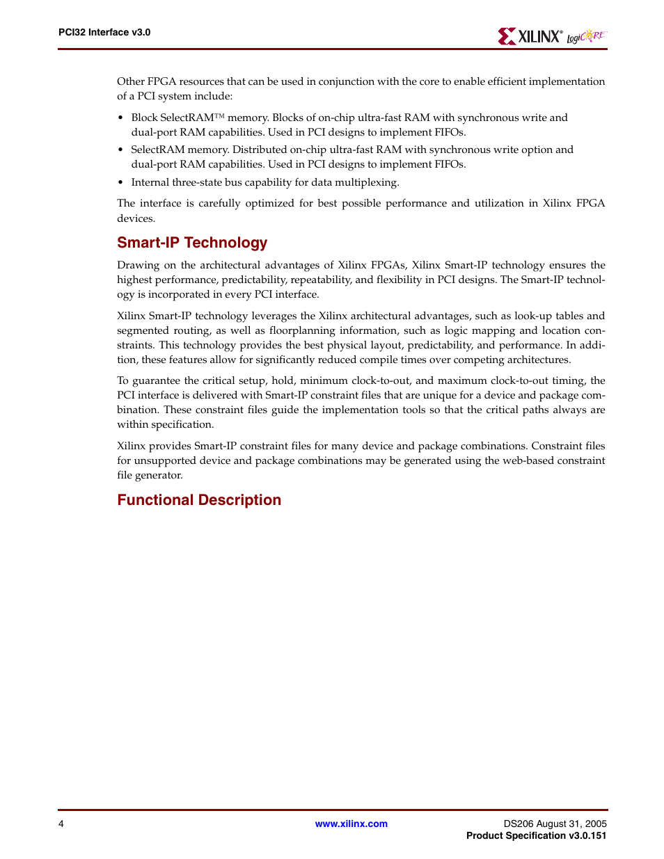 Smart-ip technology, Functional description | Xilinx PCI32 User Manual | Page 4 / 11