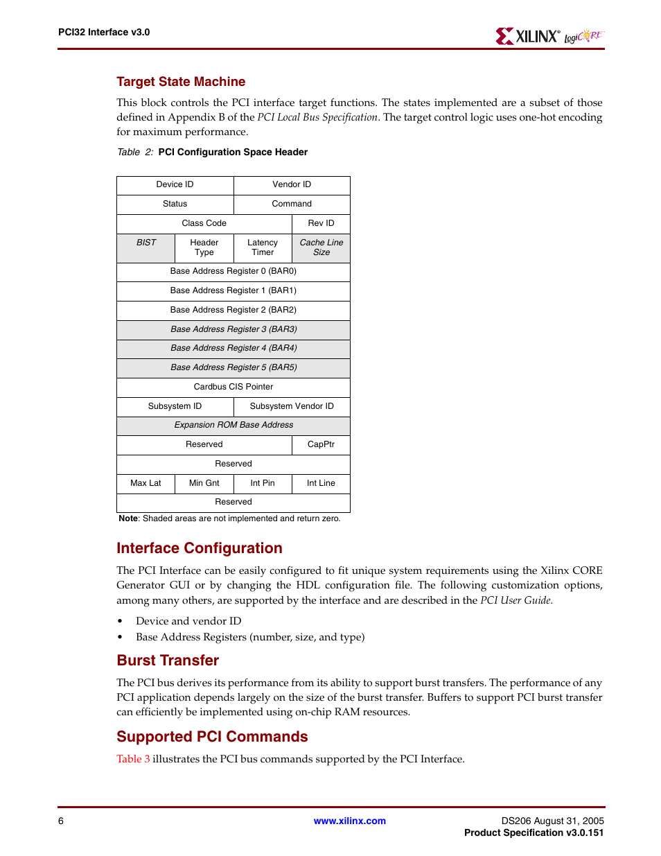 Target state machine, Interface configuration, Burst transfer | Supported pci commands, Table 2, To s | Xilinx PCI32 User Manual | Page 6 / 11