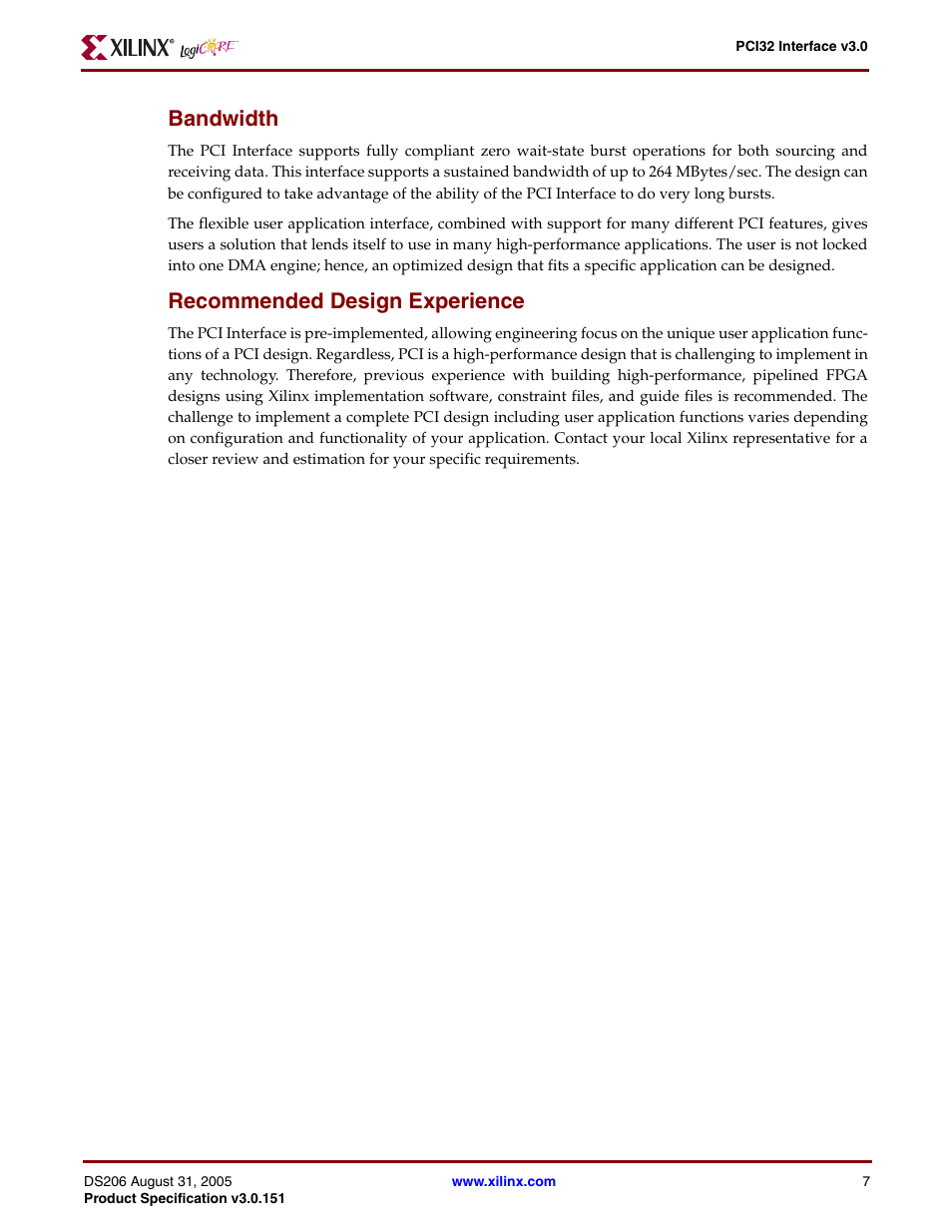 Bandwidth, Recommended design experience | Xilinx PCI32 User Manual | Page 7 / 11