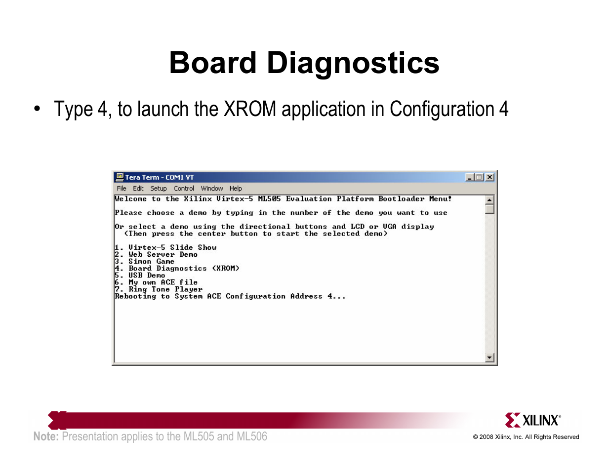 Board diagnostics | Xilinx ML505 User Manual | Page 17 / 29