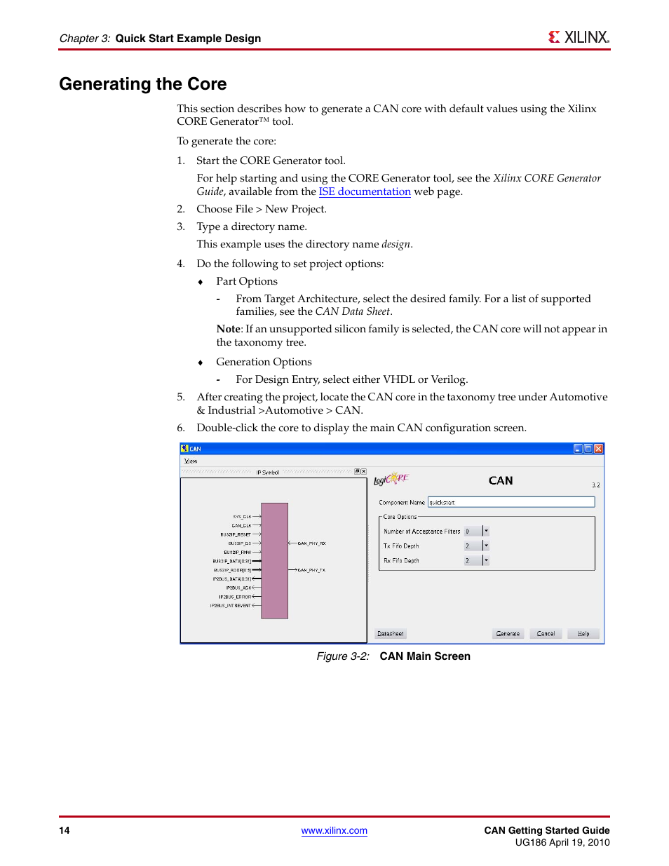 Generating the core, Figure 3-2 | Xilinx LogiCORE IP CAN 3.2 User Manual | Page 14 / 28