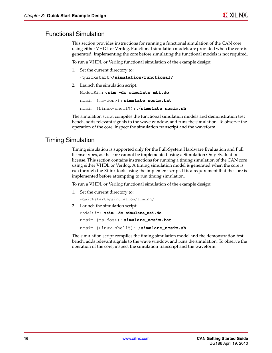 Functional simulation, Timing simulation, Functional simulation timing simulation | Xilinx LogiCORE IP CAN 3.2 User Manual | Page 16 / 28