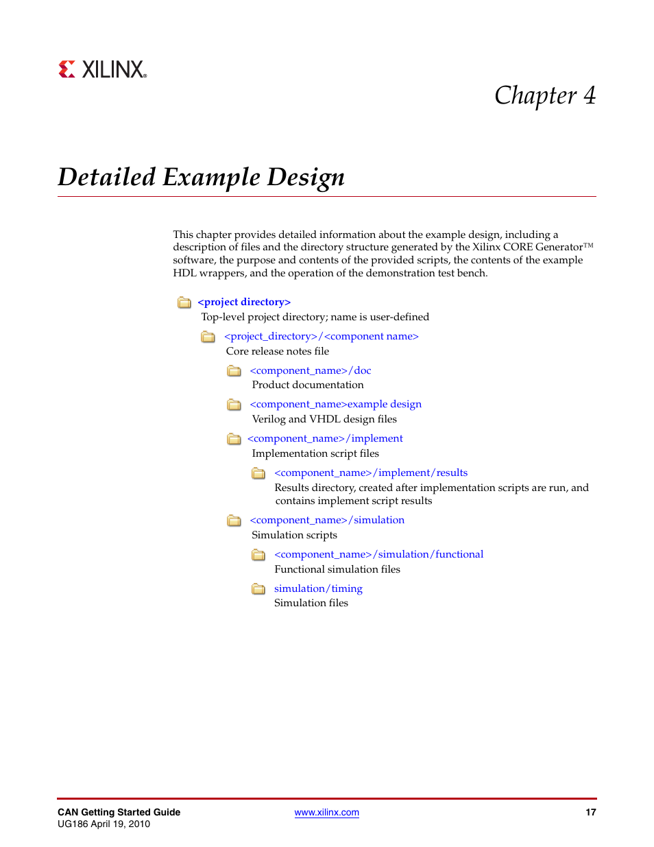 Detailed example design, Chapter 4: detailed example design, Chapter 4, “detailed example design | Describe, Chapter 4, “detailed example, Design, Chapter 4 detailed example design | Xilinx LogiCORE IP CAN 3.2 User Manual | Page 17 / 28