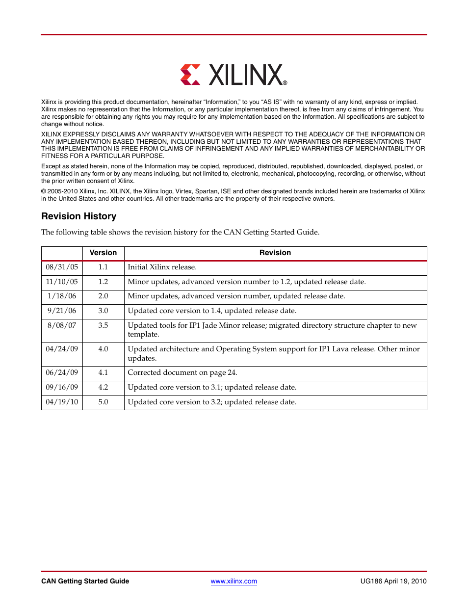 Revision history | Xilinx LogiCORE IP CAN 3.2 User Manual | Page 2 / 28