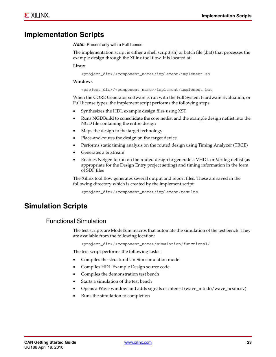 Implementation scripts, Simulation scripts, Functional simulation | Xilinx LogiCORE IP CAN 3.2 User Manual | Page 23 / 28