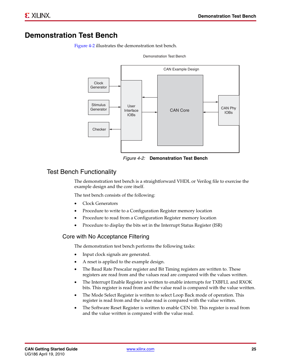 Demonstration test bench, Test bench functionality, Figure 4-2 | Core with no acceptance filtering | Xilinx LogiCORE IP CAN 3.2 User Manual | Page 25 / 28