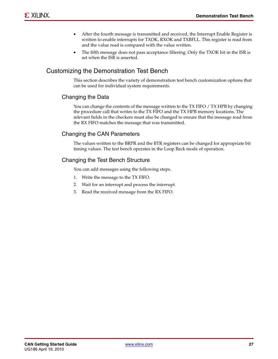 Customizing the demonstration test bench | Xilinx LogiCORE IP CAN 3.2 User Manual | Page 27 / 28