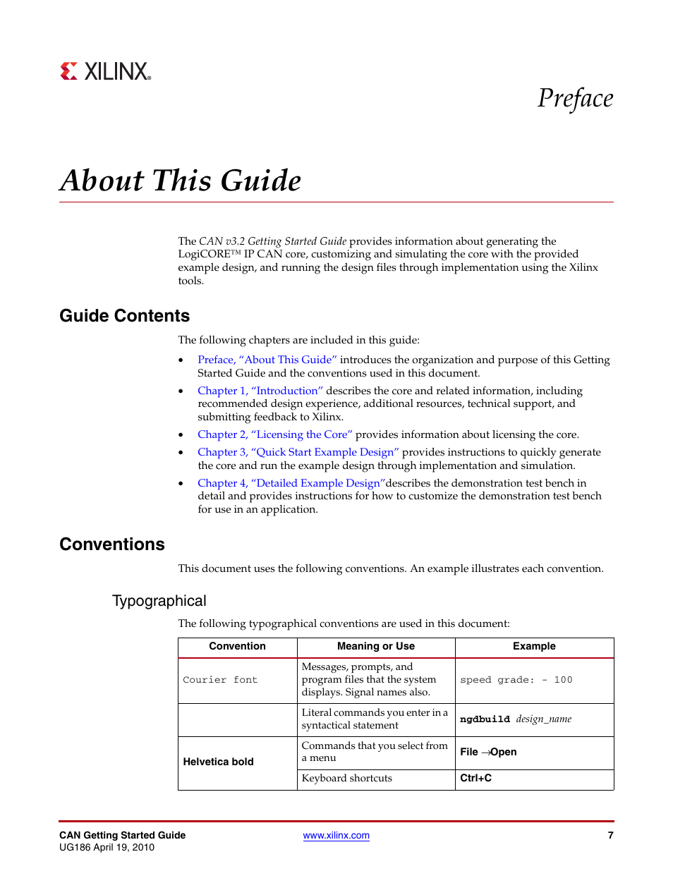 About this guide, Guide contents, Conventions | Typographical, Preface: about this guide, Preface | Xilinx LogiCORE IP CAN 3.2 User Manual | Page 7 / 28