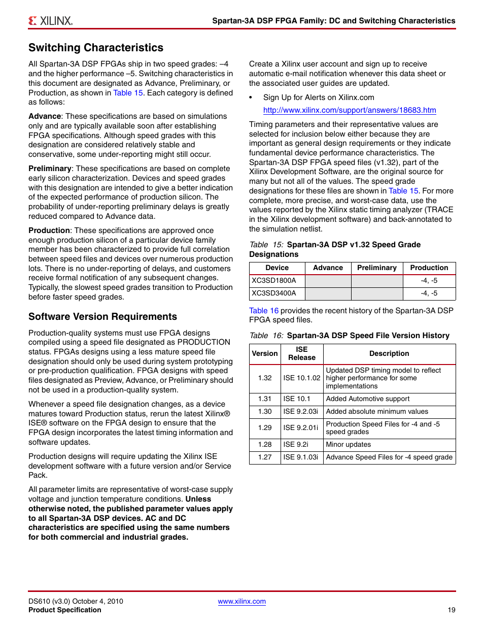 Switching characteristics, Software version requirements | Xilinx DS610 User Manual | Page 19 / 101