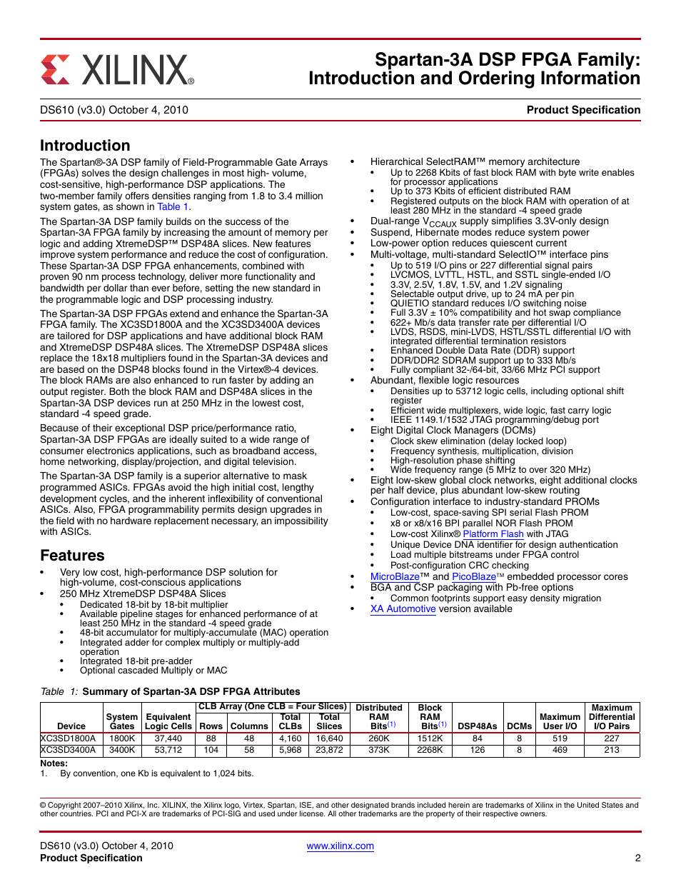 Introduction and ordering information, Introduction, Features | Ds610 (v3.0) october 4, 2010 | Xilinx DS610 User Manual | Page 2 / 101