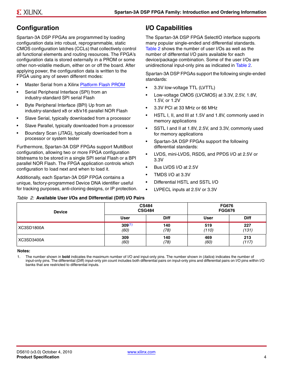 Configuration, I/o capabilities | Xilinx DS610 User Manual | Page 4 / 101