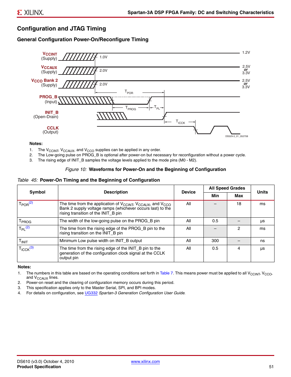 Configuration and jtag timing, General configuration power-on/reconfigure timing | Xilinx DS610 User Manual | Page 51 / 101